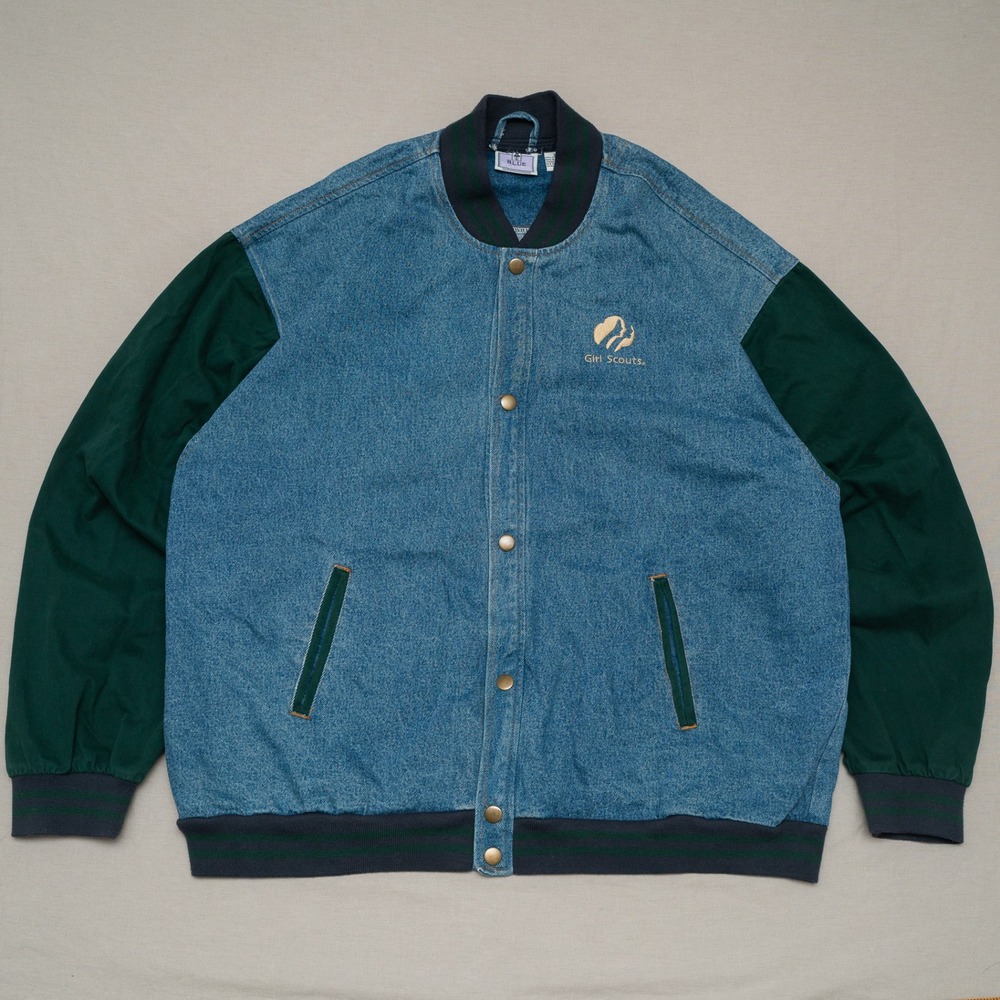 Vintage 80s 90s Girl Scouts Blue Point Denim Varisty Bomber XL Green Blue